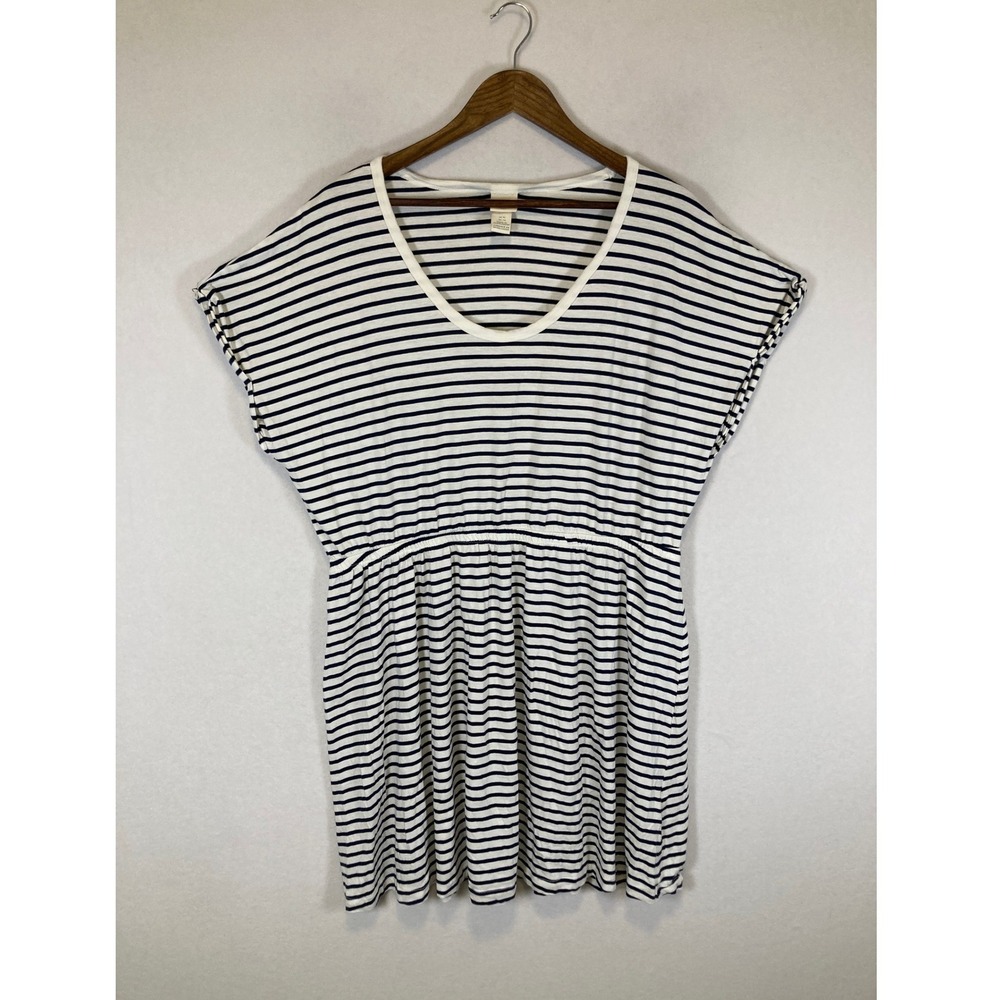 Nautical Coastal H&M Women XL White Navy Blue Striped Empire Waist Tunic Top